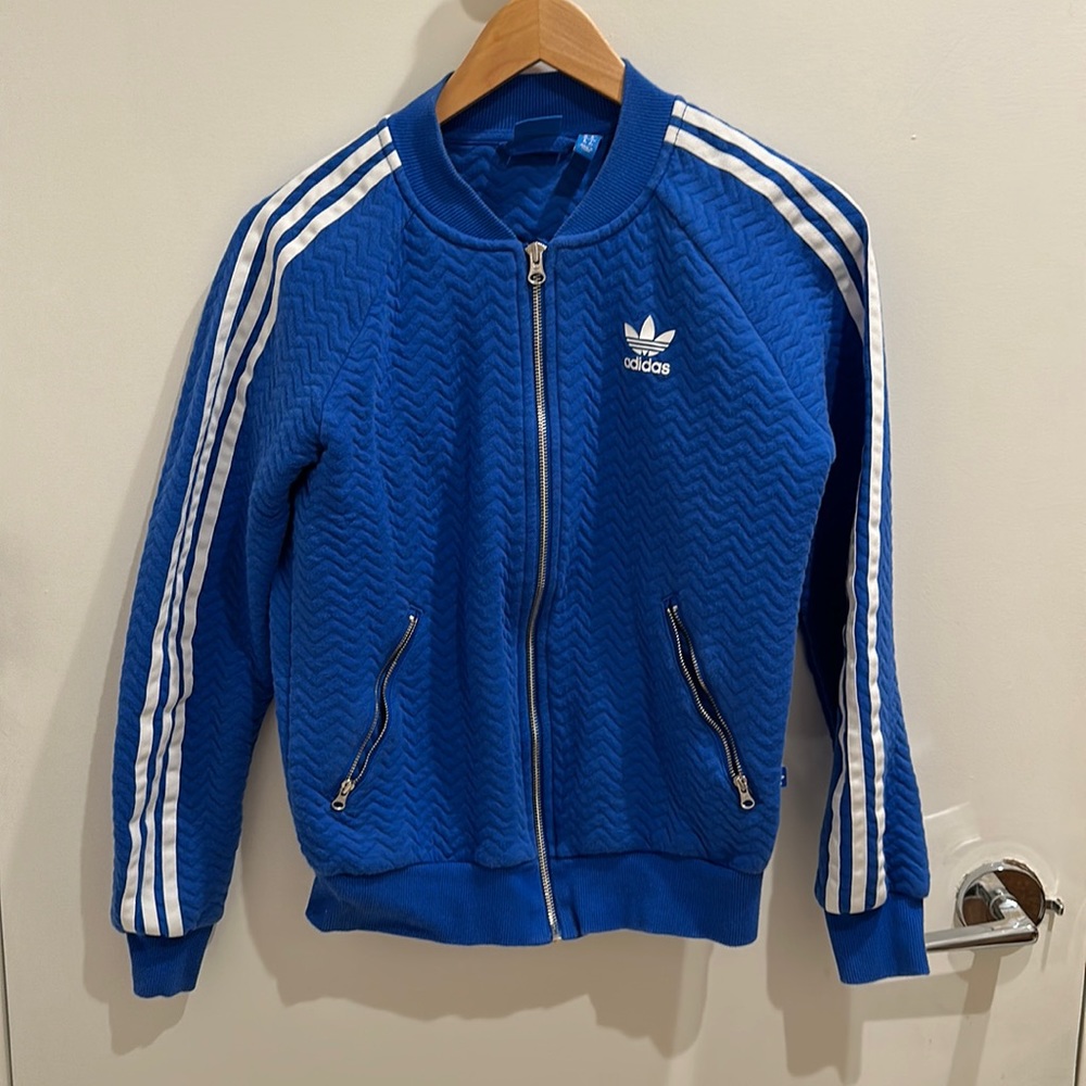 adidas Blue Quilted Zip-Up Track Jacket with White Stripes